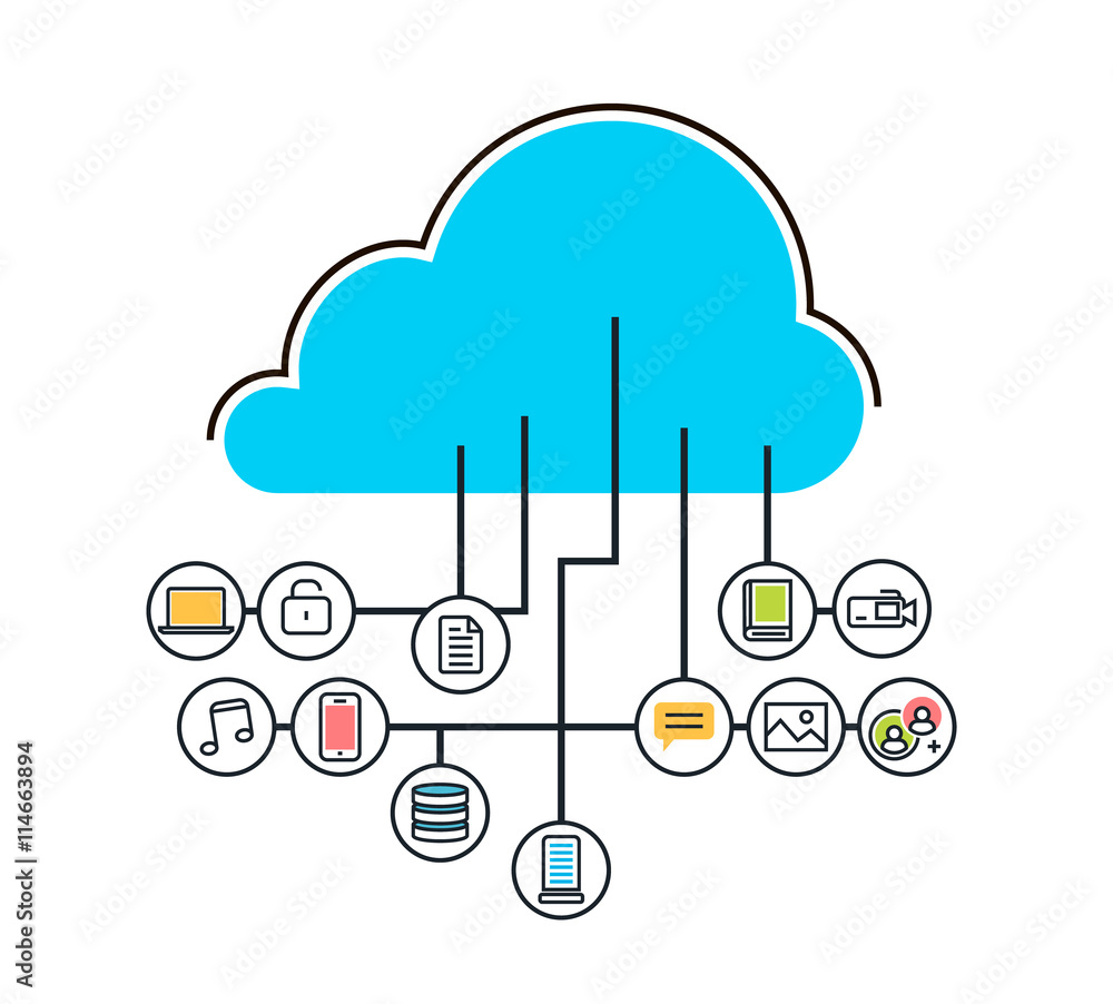 Poster vector flat line modern simple design illustration concept of saving cloud service with icons backgr