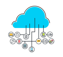 Vector flat line modern simple design illustration concept of saving cloud service with icons background for website blog banner and landing page. Infographic icon elements