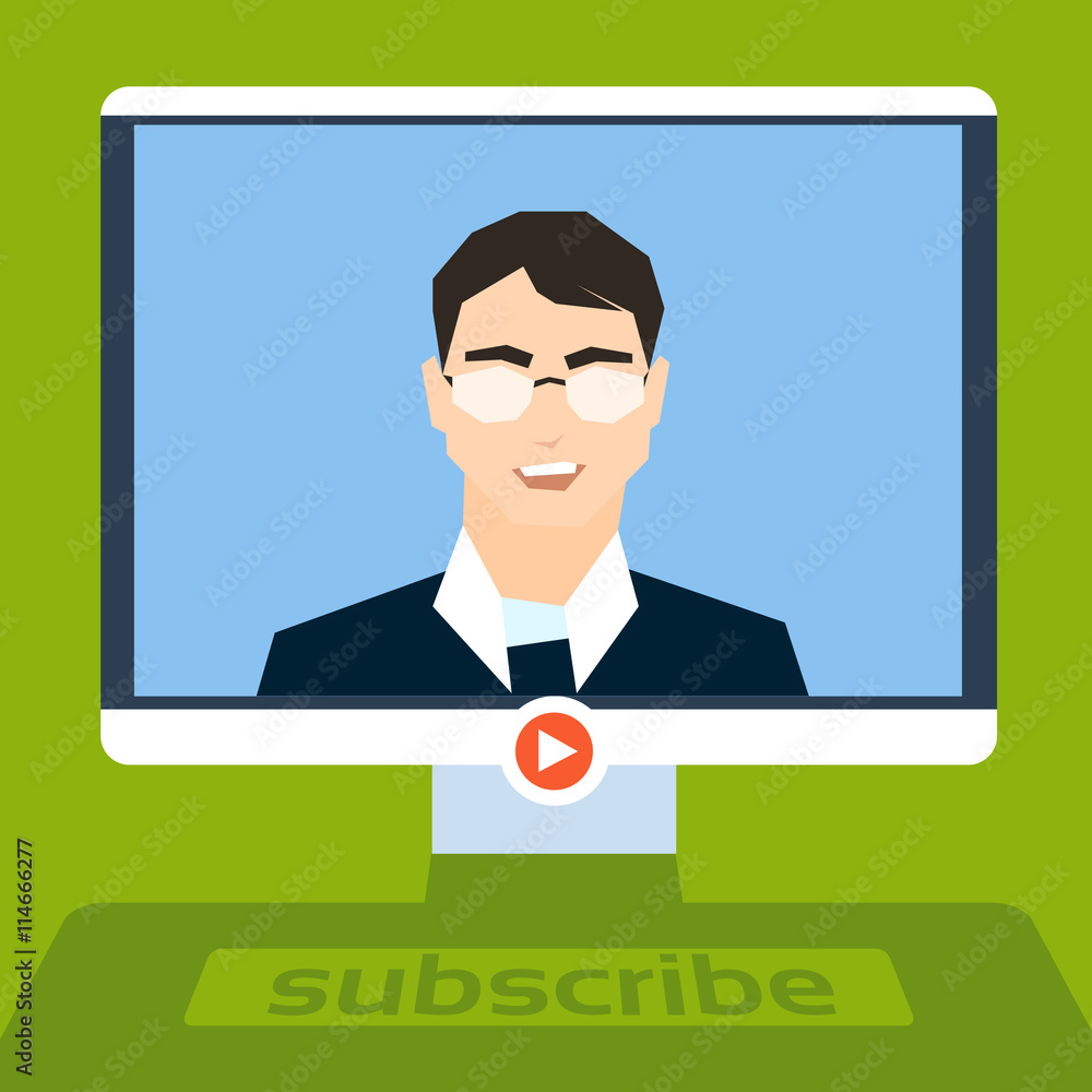 Poster man blogger stream video computer monitor blog concept
