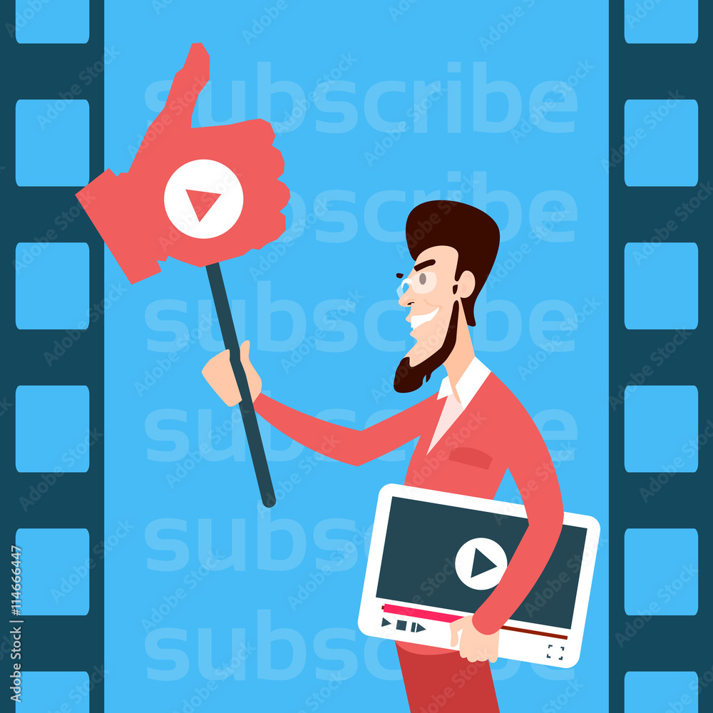 Poster man blogger hold like tablet computer video blog concept
