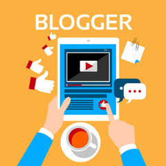 Hand Hold Tablet Video Blog Concept Top Angle View