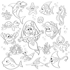 Big set of cute cartoon sea animals and mermaid. Black and white vector illustration for coloring book