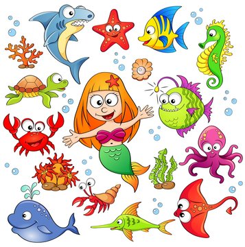 Big set of cute cartoon sea animals and mermaid
