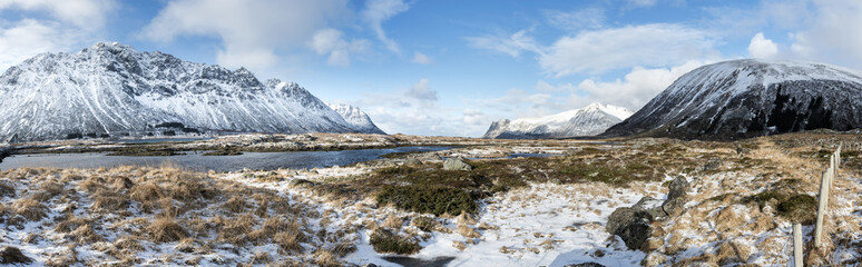 Fototapeta na wymiar Winter panorama of mountains on Lofoten Islands,