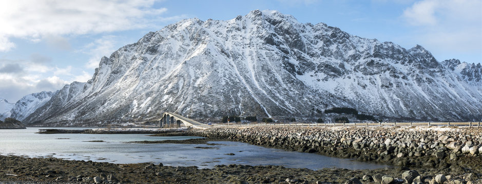 Panorama of Gimsoystraumen Bridge, on Lofoten Islands,