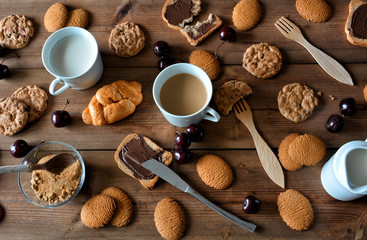 Fototapeta na wymiar Few chocolate cookies and biscuits with milk