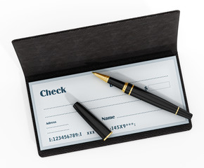 Pen standing on chekbook isolated on white background. 3D illustration