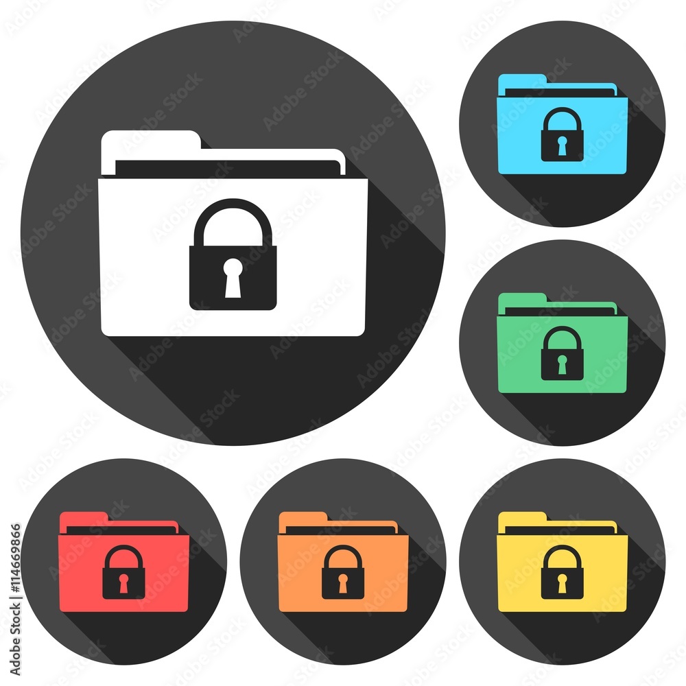 Poster folder with lock pad icons set with long shadow