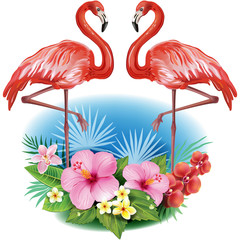 Obraz premium Arrangement from tropical flowers and Flamingoes