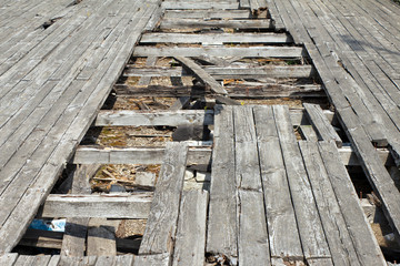 The pit (hole) in the old and worn floor. The material covering