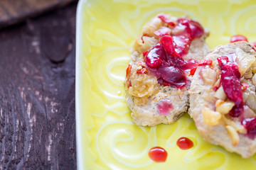 Grilled Pork (Steak) with Red Chili Pepper and Cherry Sauce on Rustic Yellow Plate on Dark Brown Wooden Background, Healthy Food Concept
