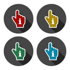 Pointing finger hand with an info sign set with long shadow