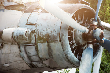 Engine and propeller closeup from retro airplane