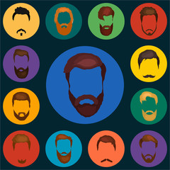 Mans hair set of beards and mustaches vector. Hipster style fashion beards and hair isolated illustration. Peoples heirsyle icon, collection of beards and mustaches forbarber shop.