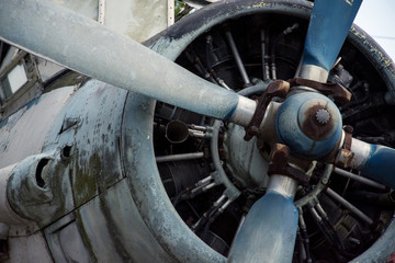 Engine and propeller closeup from retro airplane