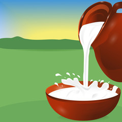 Milk being poured from a jug into a bowl. Splash. Vector.