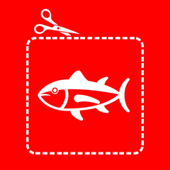 Icono plano tijeras cortando cupón con pescado en fondo rojo
