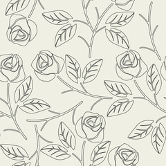 Flat line floral seamless pattern with roses and leaves - 114674272