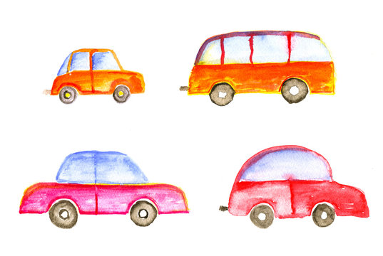 Transport set: cars and bus, hand-drawn watercolor illustration.