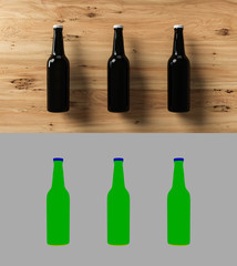 Beer Mockup: three black bottles on wooden ground