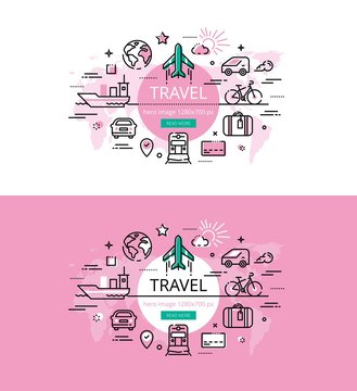 Travel. Flat line color hero images and hero banners design conc