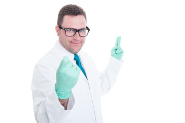 Male proctologist calling for appointment fingers gesture