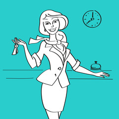 Hotel receptionist with keys at the front desk, vector illustration of beautiful woman