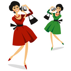 Smiling woman with photo camera. Vector illustration of girl taking a photo in red or green dress