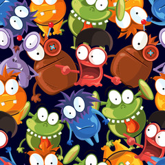 Seamless monsters vector pattern on black background. Colorful monsters background, happy character monsters illustration