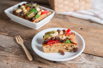 Slices of dried fruits cake.