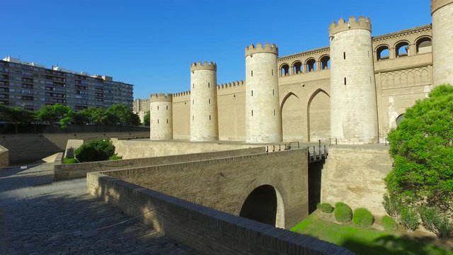 Wall and bridge of Aljaferia - fortified medieval Islamic palace, Zaragoza, Aragon, Spain
