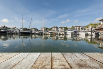 Fototapeta na wymiar Wood Terrace on pier phuket Blur background