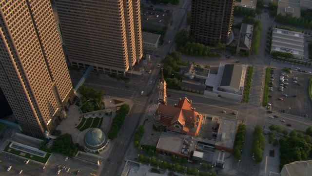 Steep aerial view of Catholic Cathedral of Dallas, Texas