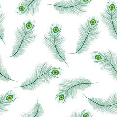 Obraz premium Peacock feather seamless texture, peacock feathers background. Feathers of a peacock wallpaper. Vector illustration.