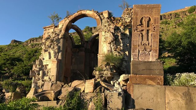 Ruins of the medial armenian Karsnits Mankants church. Dolly shot