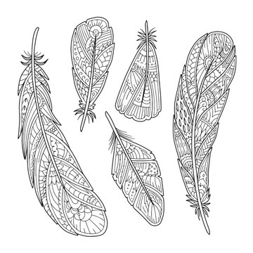 Hand drawn vintage feathers set in vector. Adult coloring page. Decorative element for T-shirt emblem, tattoo, logo. Black and white zentangle boho feather.
