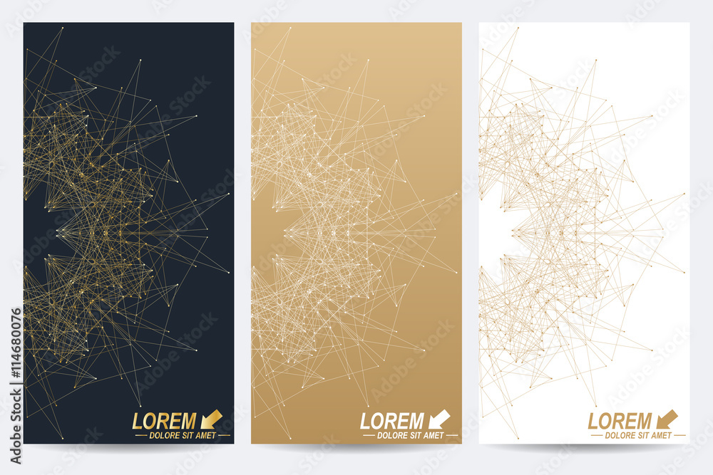 Poster Modern set of vector flyers. Molecule and communication background. Geometric abstract golden package. Connected line with dots. Golden design in trendy linear style.