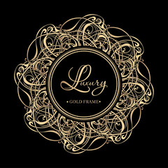 Luxury golden vintage frame with curls and vignettes in the style of Baroque on black background. Vector