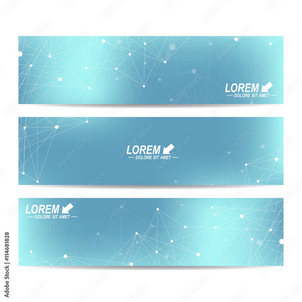 Poster Geometric abstract banners. Molecule and communication background for website templates. Geometric abstract background with connected line and dots. Vector illustration.