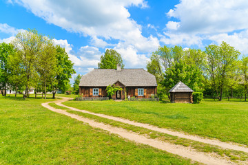 Fototapeta na wymiar Rural road in Tokarnia village on sunny beautiful spring day, Poland
