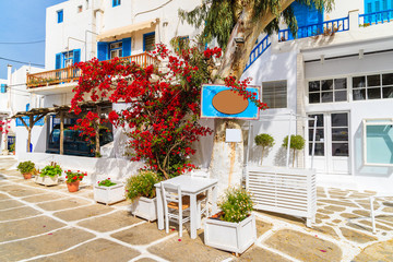 Typical houses decorated with flowers in Mykonos town on island of Mykonos, Cyclades, Greece