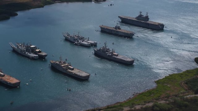 Zoom-in on ships in Pearl Harbor. Shot in 2010.