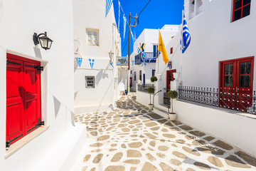 Church building on whitewashed street in beautiful Mykonos town, Cyclades islands, Greece © pkazmierczak