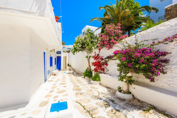A view of whitewashed street with flowers in beautiful Mykonos town, Cyclades islands, Greece