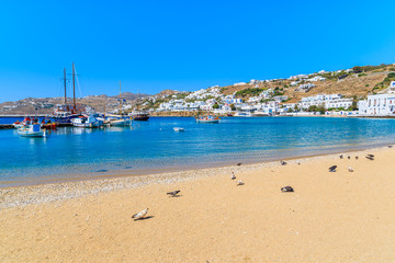 Sandy beach in Mykonos port, Cyclades islands, Greece