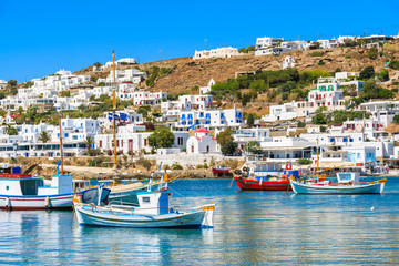 Fototapeta na wymiar A view of fishing boats in Mykonos port, Cyclades islands, Greece