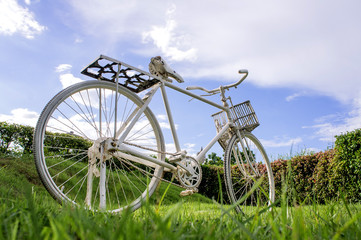 Fototapeta na wymiar White bike on the lawn background sky and white clouds.