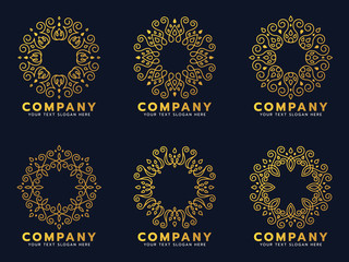 Gold circle flower line art for logo and frame vector set design
