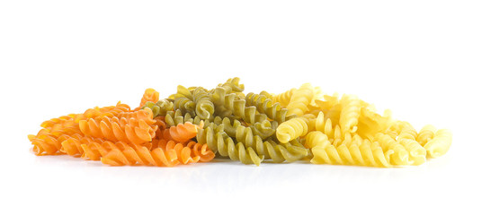 Mix Tomato,spinach pasta spiral on white background.