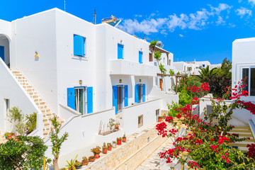 Beautiful Greek style holiday apartments on street of Naoussa village, Paros island, Cyclades, Greece